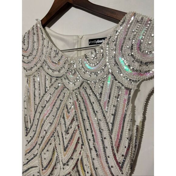 Pretty Guide Women's Size Small Beige Crystal Embellished Party Dress Fringe - Picture 4 of 8